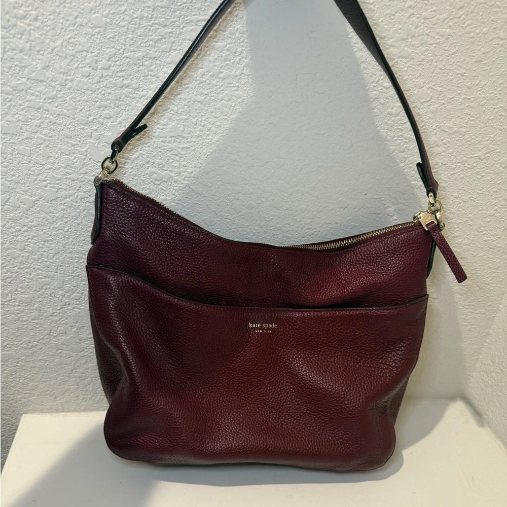 Kate Spade Polly Medium Leather Shoulder Hobo Bag Cherrywood Burgundy Wine